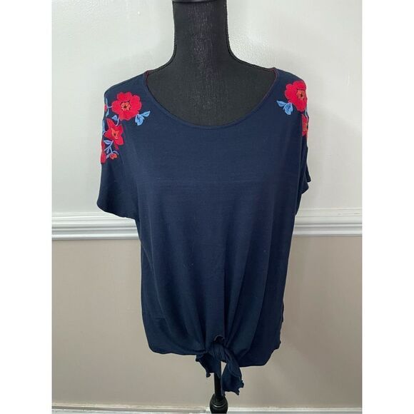 W5 Navy Short Sleeve Floral Blouse Size X-Large - Picture 1 of 8